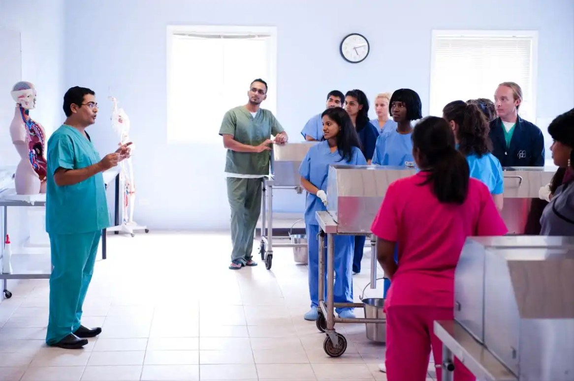 Professor teaching in anatomy lab